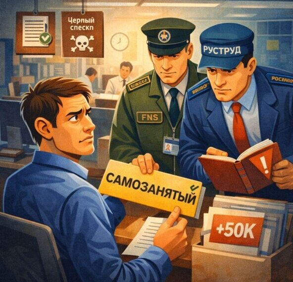 Служащие проверяют документы в офисе у самозанятого, рядом предупреждение и надписи.