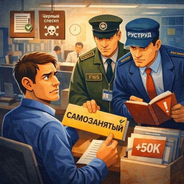 Служащие проверяют документы в офисе у самозанятого, рядом предупреждение и надписи.