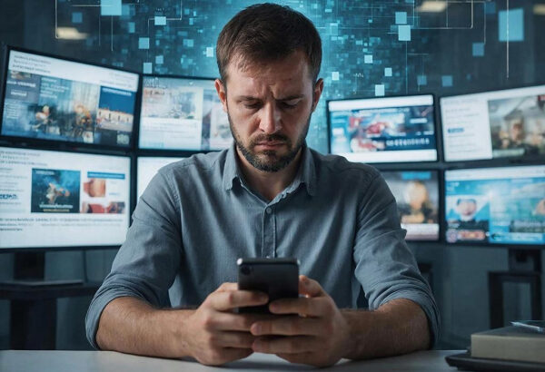 Человек с телефоном на фоне множества мониторов с новостями и графиками.