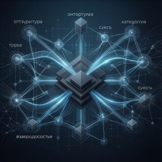 Схема с абстрактными связями и кубами, визуализация данных и технологий.