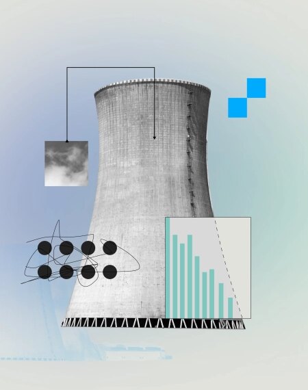 Атомная электростанция с графиками и схемами на фоне.