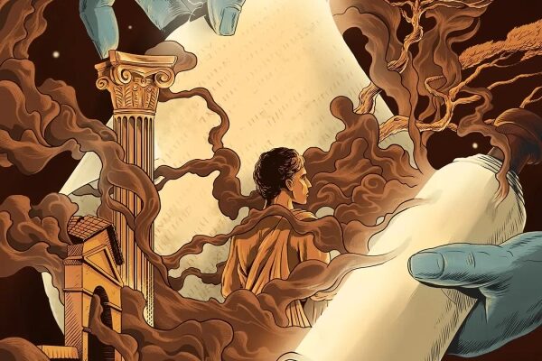 Иллюстрация, изображающая разворачивание свитка двумя руками, в окружении римских колонн и клубов дыма, с римской фигурой в тоге в центре.