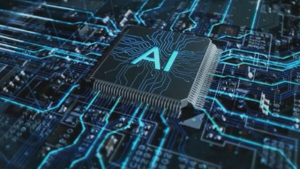 Процессор с надписью AI на фоне электронных схем, символизирующий искусственный интеллект.