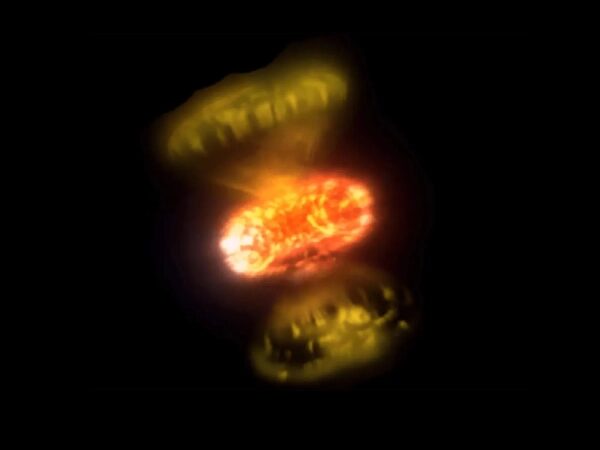 Изображение энергетического импульса на темном фоне, яркие цвета и размытие движения.