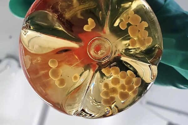 Опыт в лаборатории: вид сверху на чашку с культурами на желеобразной среде.