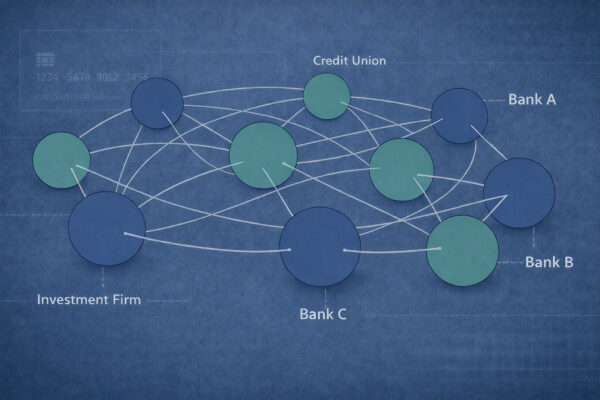 Диаграмма взаимодействий между банками, кредитным союзом и инвестиционной фирмой.