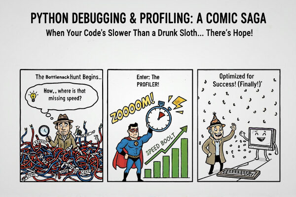 Комикс про отладку и профилирование кода Python для увеличения скорости работы.