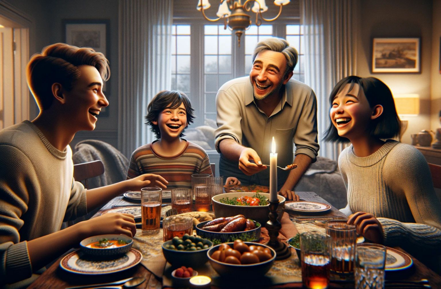 Семейный ужин в домашней обстановке с разнообразными блюдами на столе.