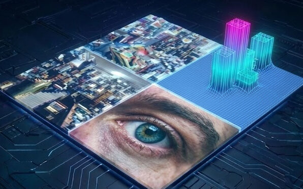 Изображение науки: городские пейзажи, глаз, цифровые здания, разработки технологий.