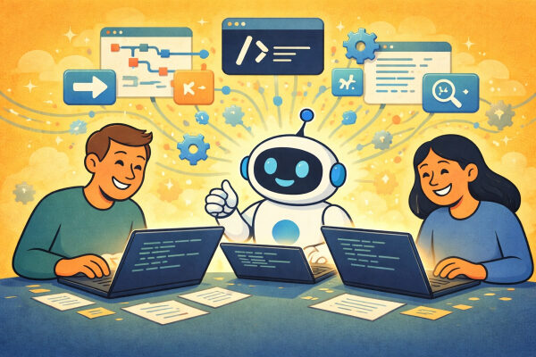Робот и программисты работают за ноутбуками на фоне ярких диаграмм и иконок.