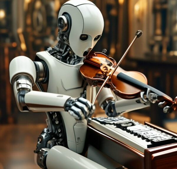 Робот играет на скрипке в мастерской с механизмами на фоне.