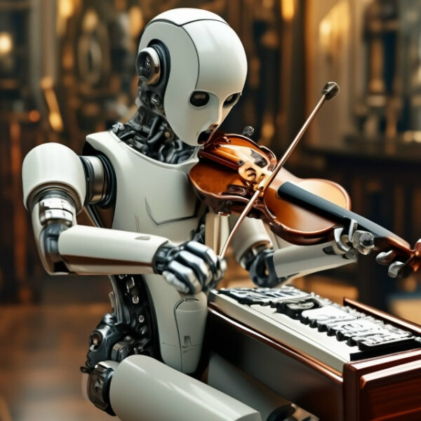 Робот играет на скрипке в мастерской с механизмами на фоне.