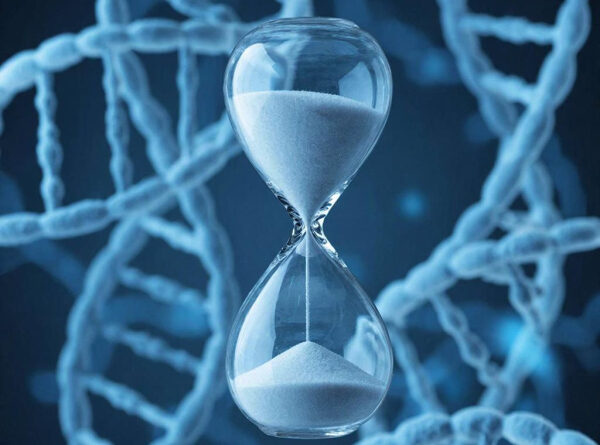 Песочные часы на фоне молекул ДНК, концепция времени и генетики.
