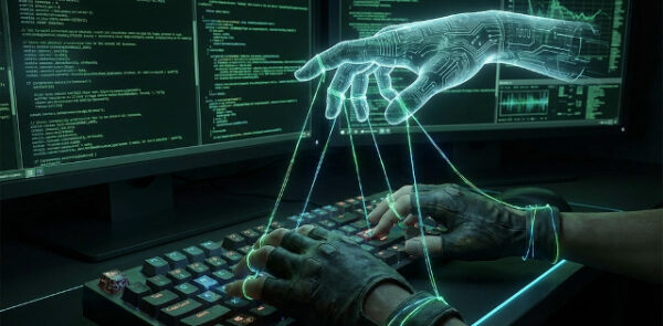 Кибернетическая рука управляет печатанием на клавиатуре перед экраном с кодом и графиками.