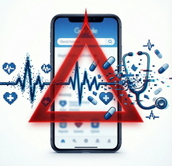 Смартфон с медицинскими символами и красным треугольником, символизирующим риск.