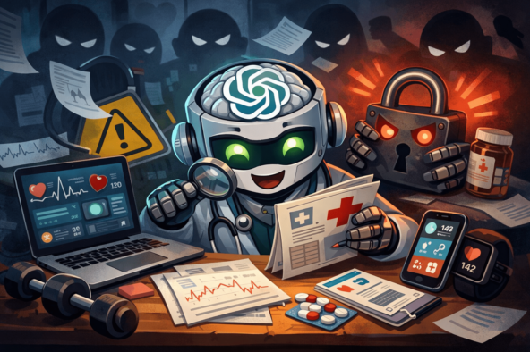 Робот изучает медицинские данные в окружении гаджетов и графиков.