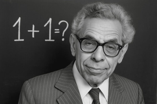 Пожилой мужчина у доски с уравнением "1+1=?", антураж классической учёбы.