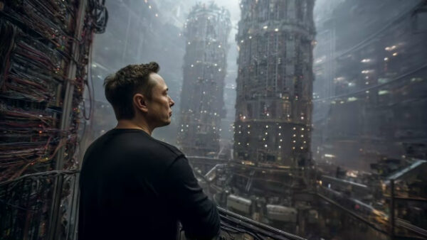 Человек в темной одежде смотрит на футуристические башни и сети проводов.