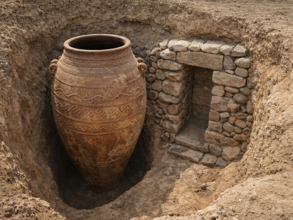 Археологическая находка: большой древний кувшин и каменная ниша в земле.