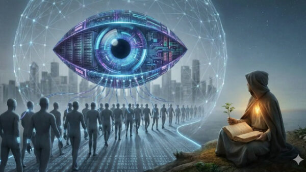 Футуристическая сцена: цепь людей, электронный глаз, человек с книгой и росток.