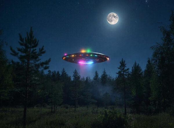 НЛО с подсветкой над лесом ночью при полной луне.