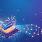 Микросхема с данными, схема и нейросеть на фоне, технология передачи информации.