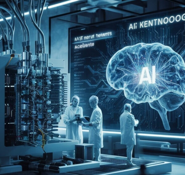 Учёные в лаборатории обсуждают нейросети на цифровом экране с изображением мозга.