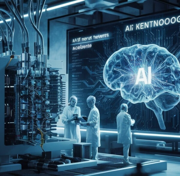 Учёные в лаборатории обсуждают нейросети на цифровом экране с изображением мозга.