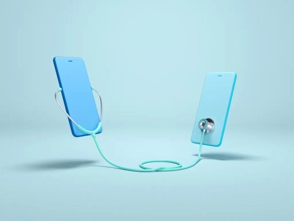 Два смартфона соединены стетоскопом на голубом фоне, концепция цифрового здоровья.