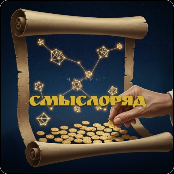 ЧАНКИНГ: ВАШЕ МЫШЛЕНИЕ ИЛИ ЧУЖОЙ АЛГОРИТМ? 2 Свёрнутый свиток с монетами и созвездиями, текст "Чанкинг" и "Смыслоряд".