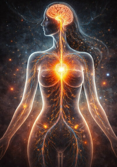 Иллюстрация женского силуэта с яркой нервной системой и мозгом, энергетические потоки.