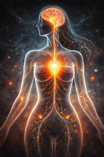 Подавление эмоций — это не избавление от боли, а активный стресс 2 Иллюстрация женского силуэта с яркой нервной системой и мозгом, энергетические потоки.