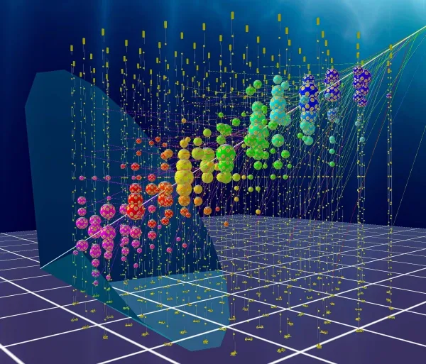 Монстр-нейтрино может быть вестником древних черных дыр. 4 Ряд вертикальных золотых линий поднимается от места их закрепления на плоской темно-синей поверхности, размеченной белой сеткой. Каждая линия через равные промежутки усеяна маленькими кружками, представляющими оптические модули. Вдоль линии, входящей сверху в правом верхнем углу и выходящей около левого нижнего угла изображения, кружки, представляющие оптические модули, активированные проходящей частицей, имеют больший размер и окрашены в соответствии со временем их активации.