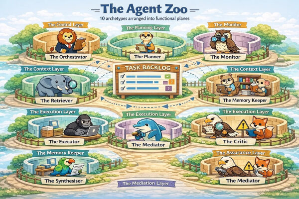 Иллюстрация "The Agent Zoo": десять архетипов агентов по функциональным слоям.