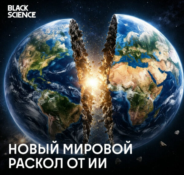 Планета Земля, расколотая пополам с надписью "Новый мировой раскол от ИИ".
