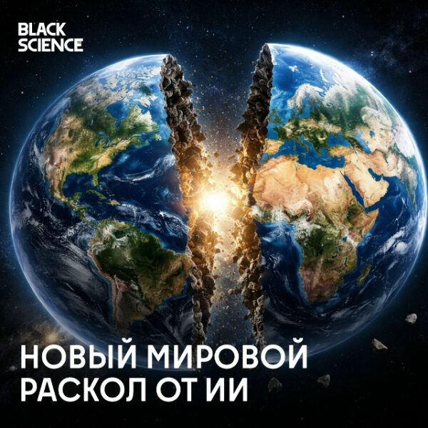 Планета Земля, расколотая пополам с надписью "Новый мировой раскол от ИИ".