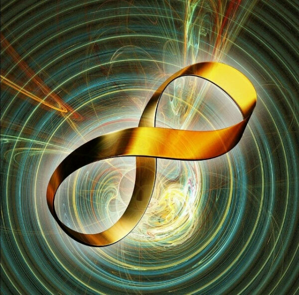 Золотая лента в форме знака бесконечности на фоне абстрактных спиралей.