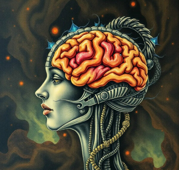 Изображение интеграции мозга и машинных элементов на темном фоне.