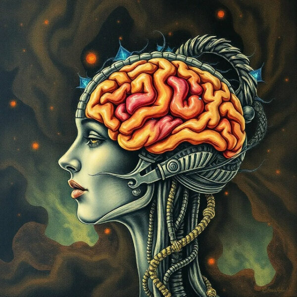 Изображение интеграции мозга и машинных элементов на темном фоне.