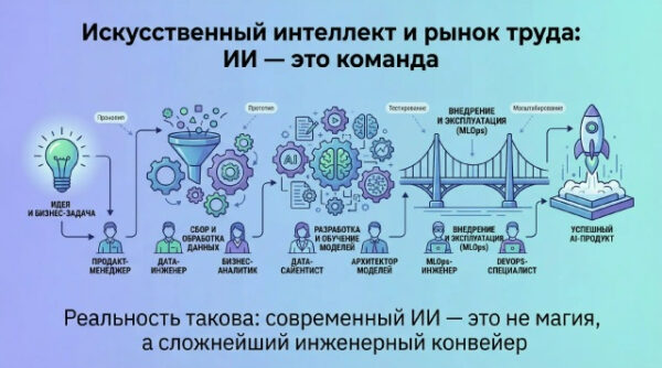 Иллюстрация командного подхода к внедрению ИИ в современном рынке труда.