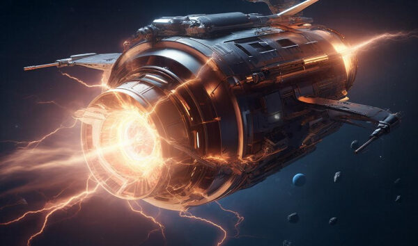 Космический корабль в космосе с огненным сиянием и астероидами на фоне.