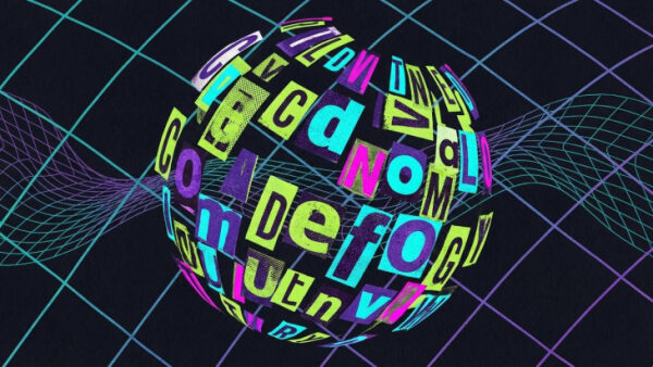 Трехмерная сфера из разноцветных букв на фоне сетки, цифровое искусство.