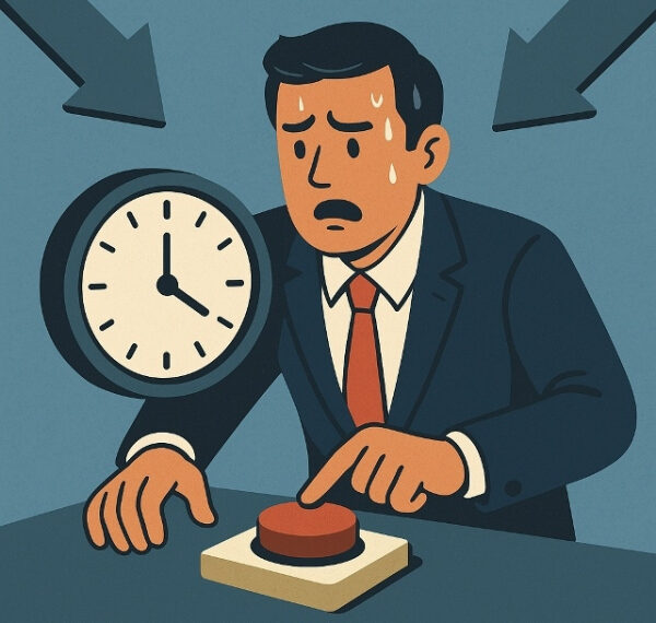 Деловой человек нажимает кнопку под давлением времени, рядом большие стрелки и часы.