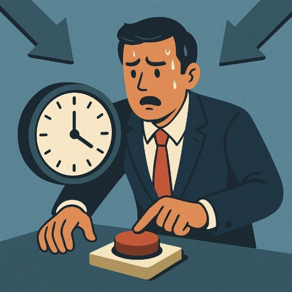 10 ПСИХОЛОГИЧЕСКИХ ЗАКОНОВ ПОВЕДЕНИЯ ПОД ДАВЛЕНИЕМ 2 Деловой человек нажимает кнопку под давлением времени, рядом большие стрелки и часы.