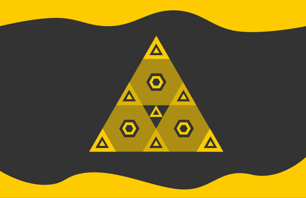 Жёлтый треугольник с узором на тёмном фоне с волнистыми жёлтыми линиями.