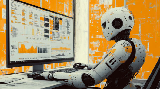 Робот анализирует данные на компьютере, цифровая аналитика, технологии будущего.