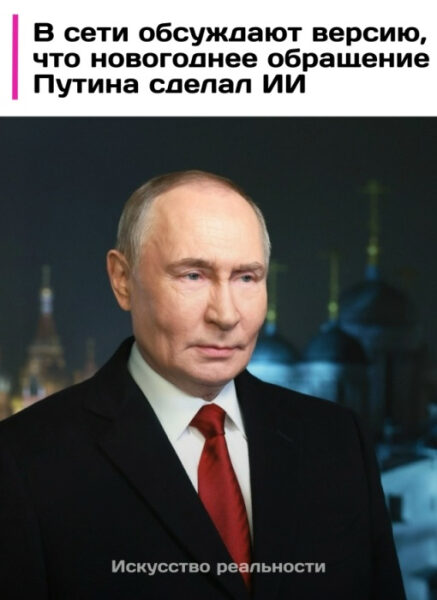 Пародия на Новый год или цифровая копия президента? Рассмотрим доказательства 2 Текст на изображении: "В сети обсуждают версию, что новогоднее обращение Путина сделал ИИ".