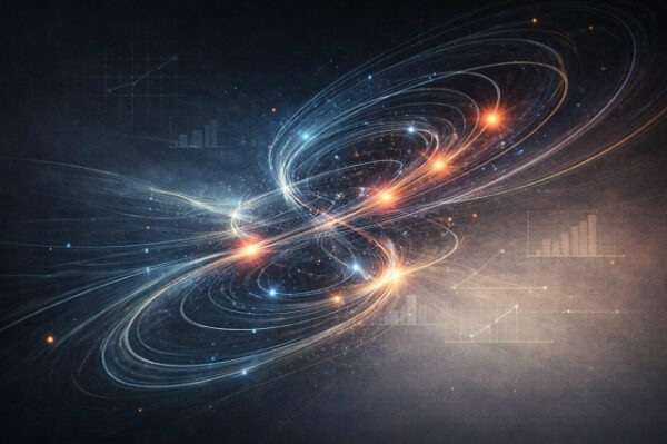 Абстракция космоса с сияющими звездами и диаграммами на тёмном фоне.