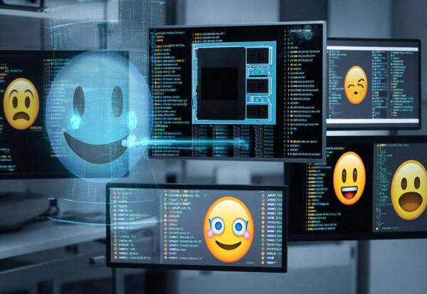 Экраны с программным кодом и эмодзи, изображающие разные эмоции в ИТ-контексте.