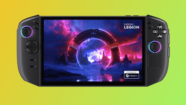 Портативная игровая консоль Lenovo Legion с ярким экраном, фэнтези-пейзаж.